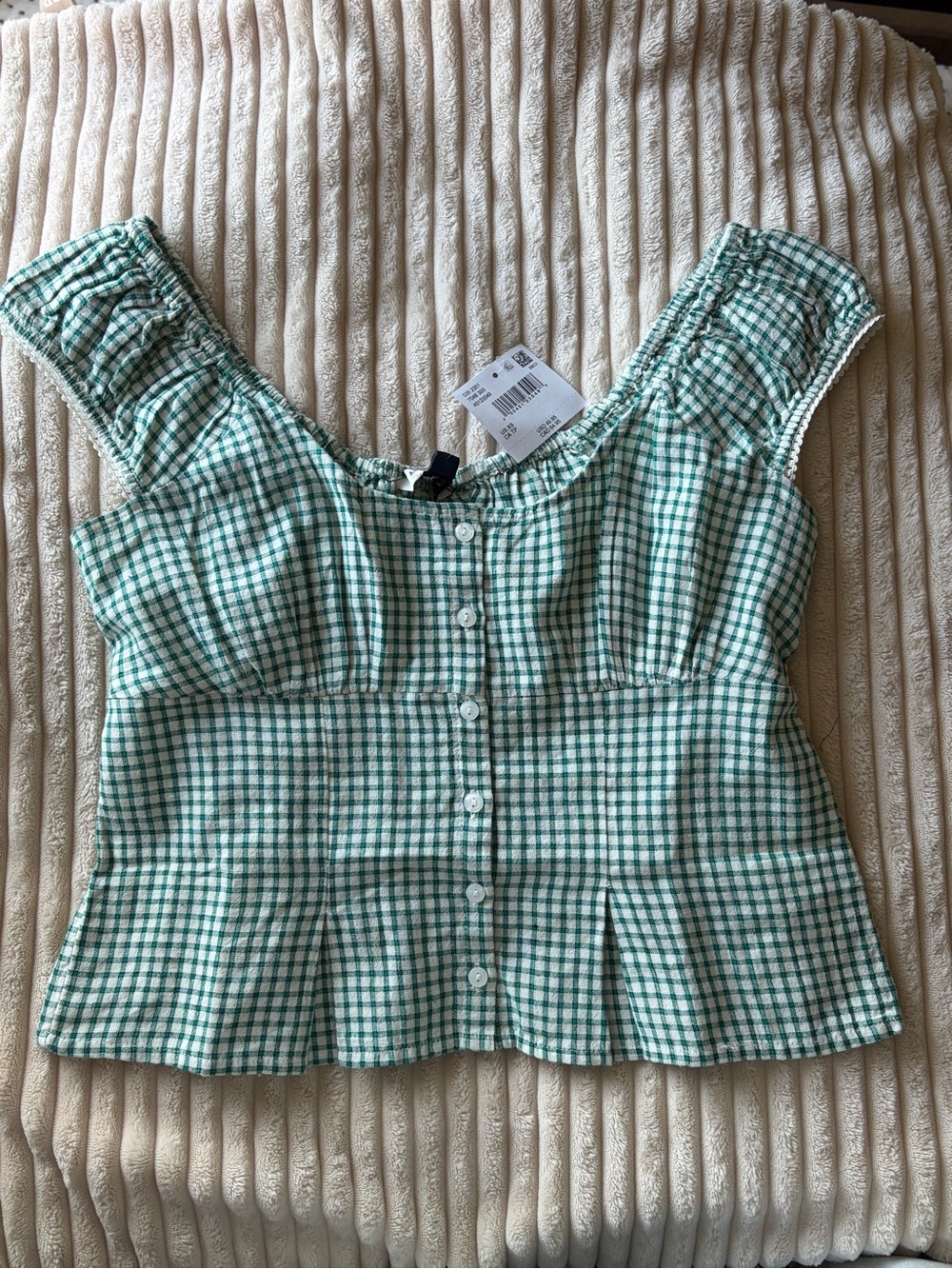 American Eagle Cap-Sleeve Button-Up Top, Gingham, Size XS, NWT